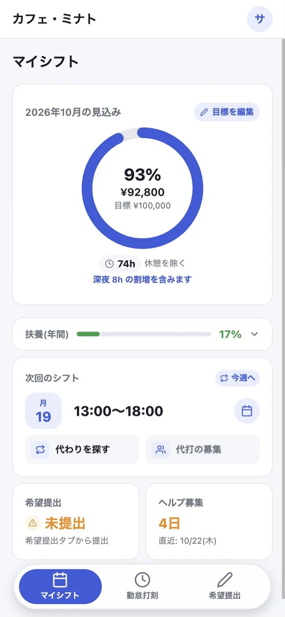 マイシフトの画面。今月の見込み額、次のシフト、扶養の目安
